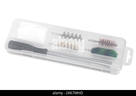 A set for cleaning weapons in a plastic case isolate on a white background. Weapon care tools. Stock Photo