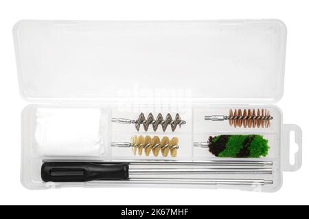 A set for cleaning weapons in a plastic case isolate on a white background. Weapon care tools. Stock Photo