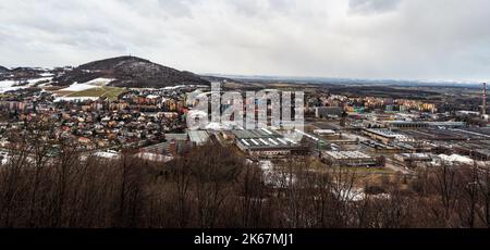 Koprivnice town with Bila hora hill above from Bezrucova vyhldiak lookout tower in Czech republic Stock Photo