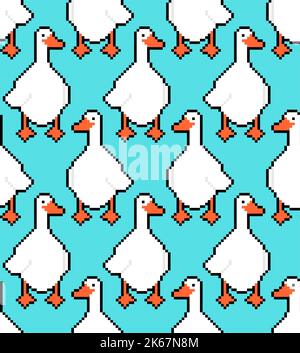 White goose Pixel art Pattern seamless . 8 bit waterfowl Background. pixelated Baby fabric texture Stock Vector