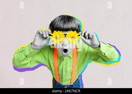 Creative photo 3d collage artwork poster postcard of surprised funny funky small boy wear weird glasses isolated on drawing background Stock Photo