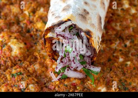 Lahmacun or Turkish pizza with minced meat. Turkish foods. close up Stock Photo