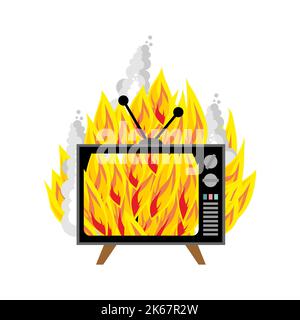 Burning TV isolated. TV on fire. Vector illustration Stock Vector