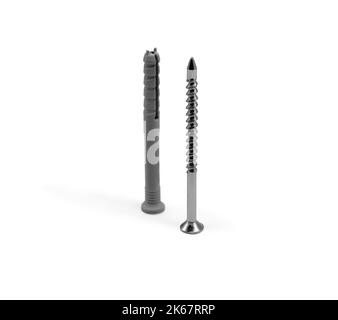 Self-tapping screw with dowel. Close-up. Isolated on white background. Stock Photo