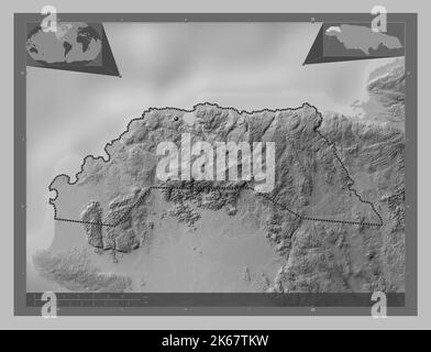 Hanover, parish of Jamaica. Grayscale elevation map with lakes and rivers. Corner auxiliary location maps Stock Photo