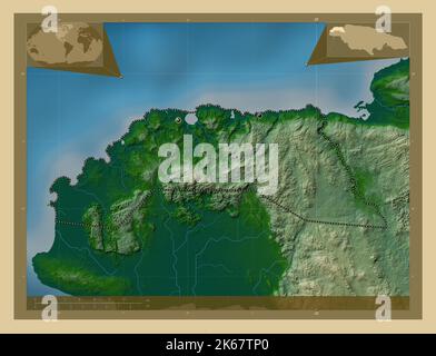 Hanover, parish of Jamaica. Colored elevation map with lakes and rivers. Locations of major cities of the region. Corner auxiliary location maps Stock Photo