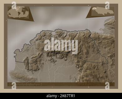 Hanover, parish of Jamaica. Elevation map colored in sepia tones with lakes and rivers. Corner auxiliary location maps Stock Photo