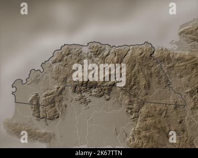 Hanover, parish of Jamaica. Elevation map colored in sepia tones with lakes and rivers Stock Photo