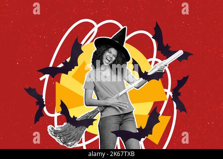 Creative collage portrait of overjoyed excited conjurer girl black white gamma playing broom stick instead guitar flying bats Stock Photo