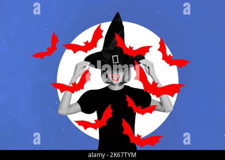 Composite collage picture of dangerous girl witch black white gamma headwear painted red bats isolated on moonlight background Stock Photo