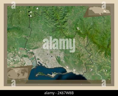 Saint Andrew, parish of Jamaica. High resolution satellite map. Locations of major cities of the region. Corner auxiliary location maps Stock Photo