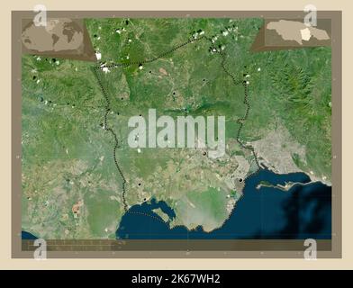 Saint Catherine, parish of Jamaica. High resolution satellite map. Locations of major cities of the region. Corner auxiliary location maps Stock Photo