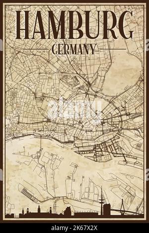 Brown vintage hand-drawn printout streets network map of the downtown HAMBURG, GERMANY with brown 3D city skyline and lettering Stock Vector