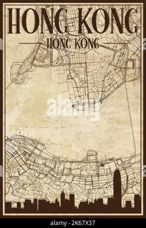 Brown vintage hand-drawn printout streets network map of the downtown HONG KONG, CHINA with brown 3D city skyline and lettering Stock Vector