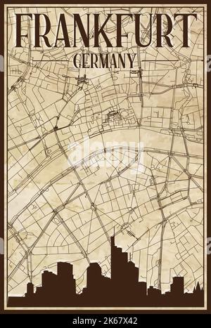Brown vintage hand-drawn printout streets network map of the downtown FRANKFURT AM MAIN, GERMANY with brown 3D city skyline and lettering Stock Vector