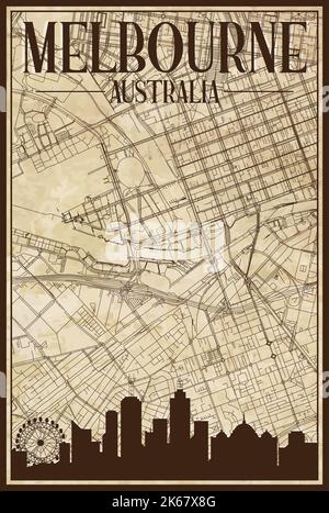 Brown vintage hand-drawn printout streets network map of the downtown MELBOURNE, AUSTRALIA with brown 3D city skyline and lettering Stock Vector