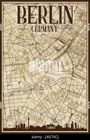 Brown vintage hand-drawn printout streets network map of the downtown BERLIN, GERMANY with brown 3D city skyline and lettering Stock Vector