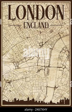 Brown vintage hand-drawn printout streets network map of the downtown LONDON, ENGLAND with brown 3D city skyline and lettering Stock Vector