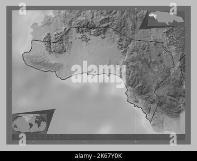 Westmoreland, parish of Jamaica. Grayscale elevation map with lakes and rivers. Corner auxiliary location maps Stock Photo