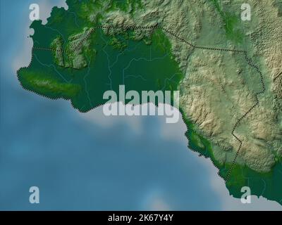 Westmoreland, parish of Jamaica. Colored elevation map with lakes and rivers Stock Photo