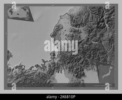 Fukui, prefecture of Japan. Grayscale elevation map with lakes and rivers. Locations and names of major cities of the region. Corner auxiliary locatio Stock Photo