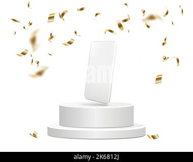 White realistic smartphone mockup on podium. 3d mobile phone with blank white screen. Stock Vector