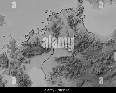 Fukuoka, prefecture of Japan. Grayscale elevation map with lakes and rivers Stock Photo