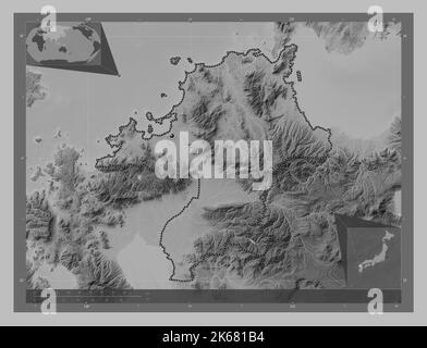 Fukuoka, prefecture of Japan. Grayscale elevation map with lakes and rivers. Corner auxiliary location maps Stock Photo