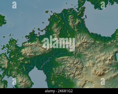 Fukuoka, prefecture of Japan. Colored elevation map with lakes and rivers Stock Photo