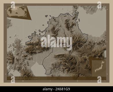 Fukuoka, prefecture of Japan. Elevation map colored in sepia tones with lakes and rivers. Corner auxiliary location maps Stock Photo