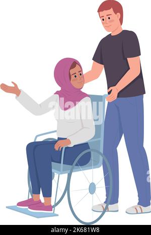 Man assists lady with disability semi flat color vector characters Stock Vector
