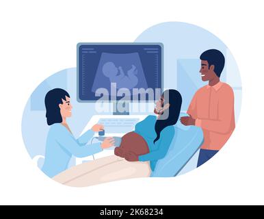 Pregnant woman undergoing ultrasound scan with partner 2D vector isolated illustration Stock Vector