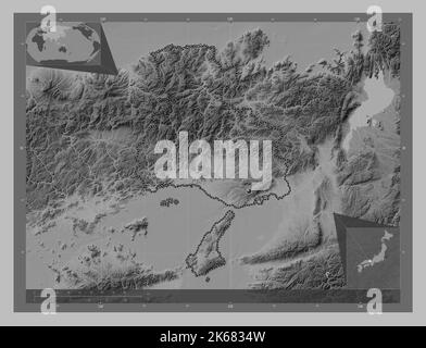 Hyogo, prefecture of Japan. Grayscale elevation map with lakes and rivers. Corner auxiliary location maps Stock Photo