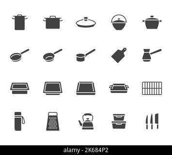Cookware flat icon set. Kitchen equipment - cooker pan pot, frying griddle, lid, knife grater minimal vector illustration. Simple glyph, silhouette Stock Vector