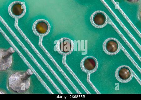 Solder traces of PCB pass-through circuit board of 1982 Sinclair ZX Spectrum [Issue Two 16k]. For early computing. home computers, popular electronics Stock Photo