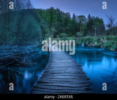 Beautiful wooden path in green forest in Plitvice Lakes, Croatia Stock Photo