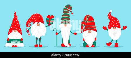 Christmas gnomes set. Vector characters in flat style. Set of Christmas gnomes with gifts candies illustration Stock Vector