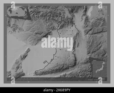 Osaka, urban prefecture of Japan. Grayscale elevation map with lakes and rivers. Locations and names of major cities of the region. Corner auxiliary l Stock Photo