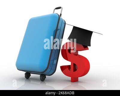 3d rendering graduate cap usd Dollar symbol with travel bag Stock Photo