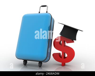 3d rendering graduate cap usd Dollar symbol with travel bag Stock Photo