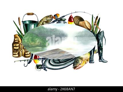 Fishing frame. Fishing gear. Watercolor illustration. Design for fishing. Fishing rod, tent, vest, mug, folding chair and different fish, line spool a Stock Photo