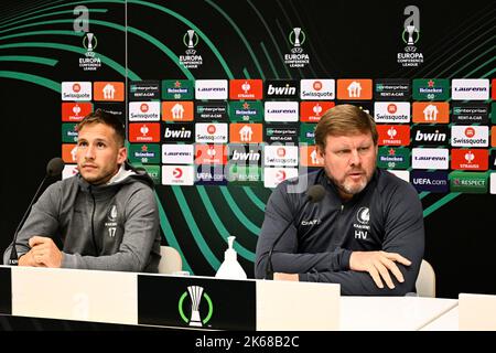 Gent's Andrew Hjulsager and Gent's head coach Hein Vanhaezebrouck pictured during a press conference of Belgian soccer team KAA Gent, Wednesday 12 October 2022 in Johanneshov, Stockholm, Sweden, in preparation of tomorrow's game against Swedish team Djurgardens IF on day four of the Uefa Europa Conference League group stage. BELGA PHOTO JASPER JACOBS Stock Photo