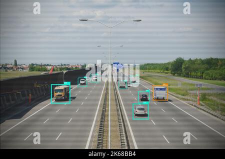 Traffic monitoring by AI, security system controlled by artificial intelligence, social credit system concept Stock Photo
