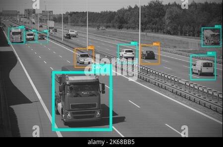 Traffic monitoring by AI, security system controlled by artificial intelligence, social credit system concept Stock Photo