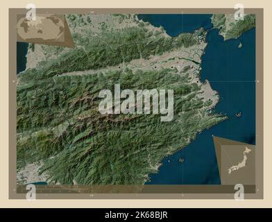 Tokushima, prefecture of Japan. High resolution satellite map. Locations of major cities of the region. Corner auxiliary location maps Stock Photo