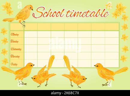 School timetable with yellow birds vector Stock Vector