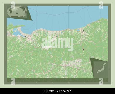 Tottori, prefecture of Japan. Open Street Map. Locations of major cities of the region. Corner auxiliary location maps Stock Photo