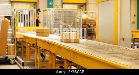 The parcel is on the conveyor belt. Concept of automatic logistics management Stock Photo