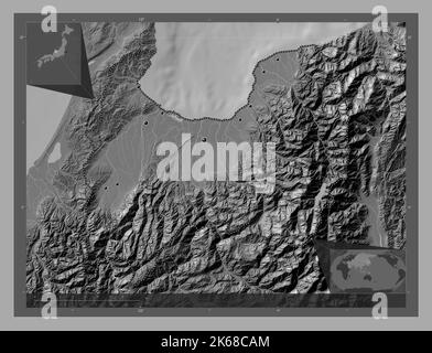 Toyama, prefecture of Japan. Bilevel elevation map with lakes and rivers. Locations of major cities of the region. Corner auxiliary location maps Stock Photo