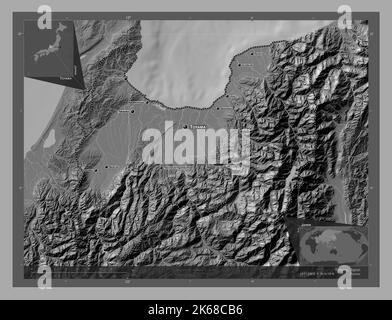 Toyama, prefecture of Japan. Bilevel elevation map with lakes and rivers. Locations and names of major cities of the region. Corner auxiliary location Stock Photo